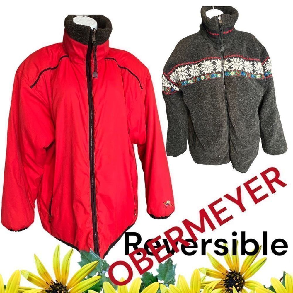 Obermeyer Womens Floral Thermolite Zip-Up Reversible Ski Jacket Red Gray VTG 12